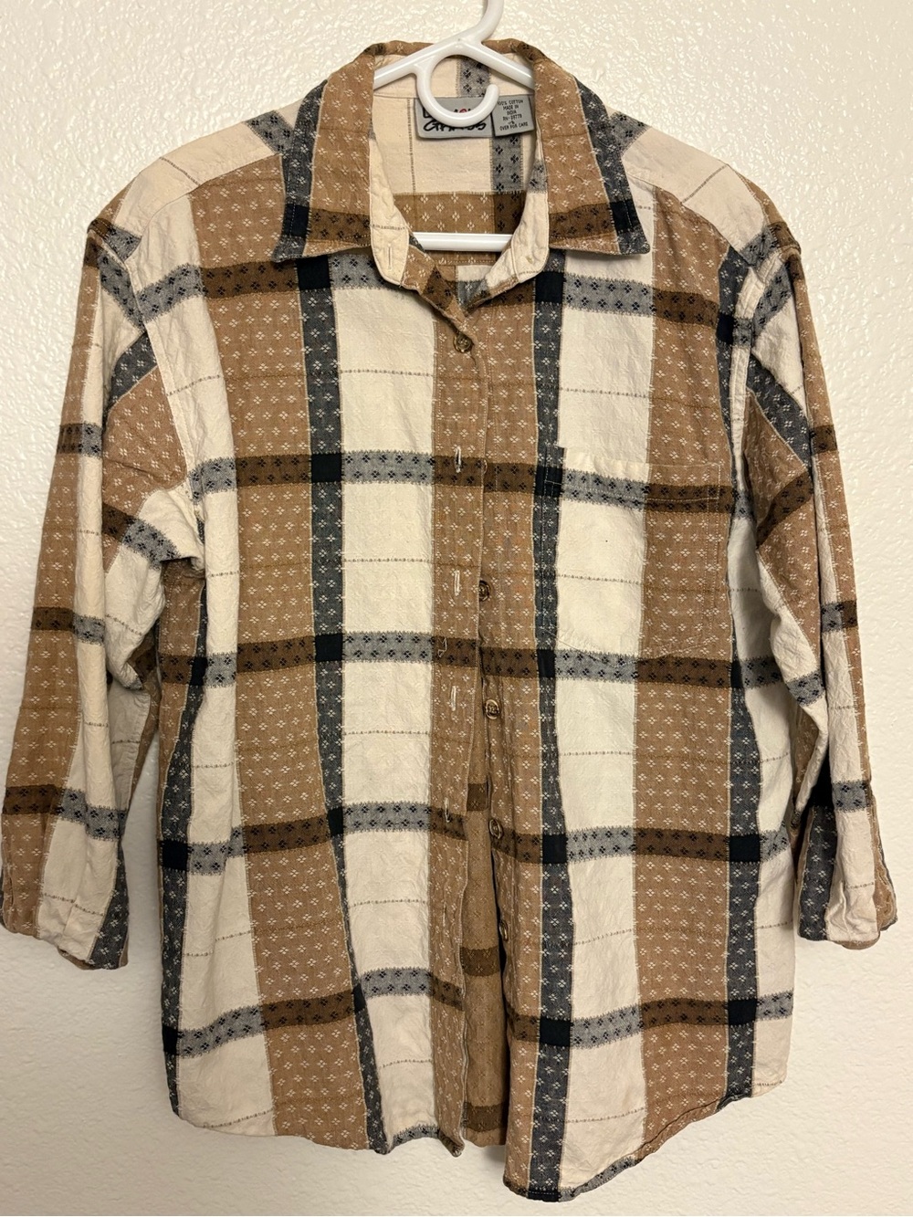 Vintage Lemon Grass Plaid Cotton Button Down Shirt L Tan Cream Black